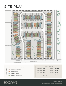 Fox Grove Townhomes site map showing available and sold interior, end, and street-facing townhomes in North London, Ontario.